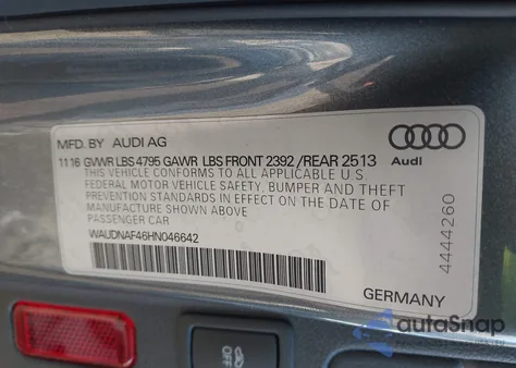 2017 Audi A4 2.0T Season Of Audi Premium from USA, damaged, VIN WAUDNAF46HN046642